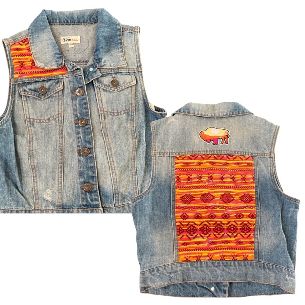 Custom Denim Vest Southwest Sunset Buffalo Motif Embroidery Distressed Wash